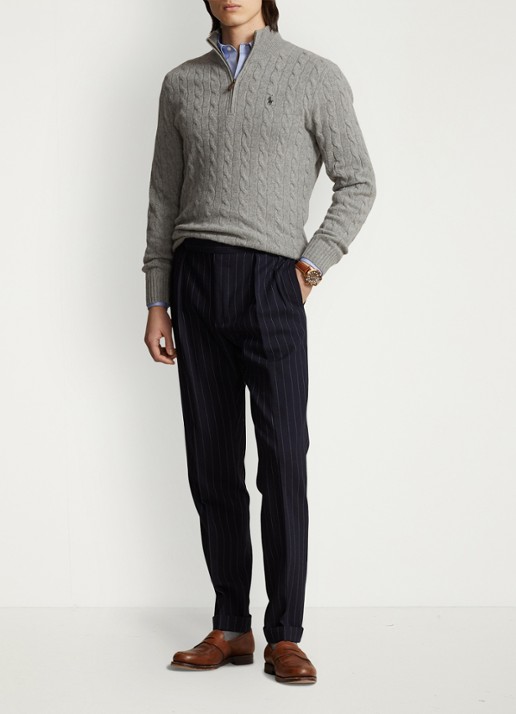 Ralph Lauren Kabelgebreide trui in kasjmierblend met halve rits - voorkant 5 grijs
