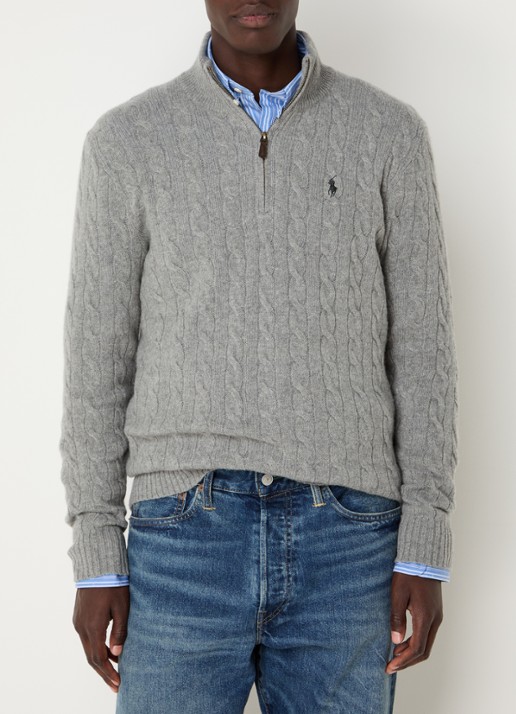 Ralph Lauren Kabelgebreide trui in kasjmierblend met halve rits - detail 3 grijs