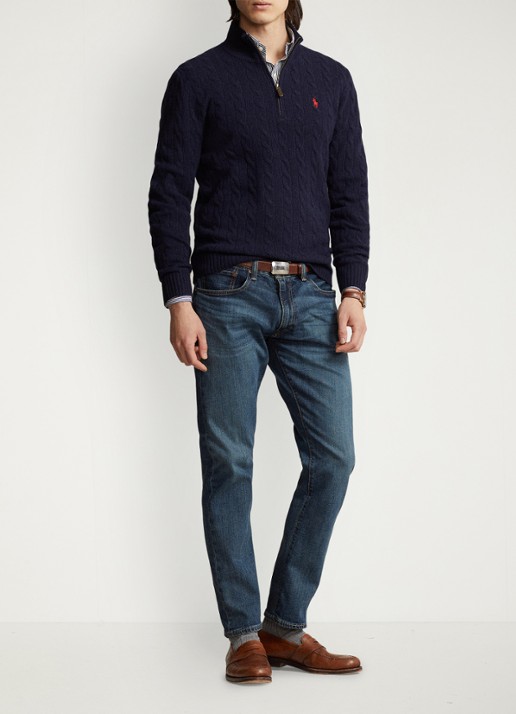Ralph Lauren Kabelgebreide trui in kasjmierblend met halve rits - detail 2 donkerblauw