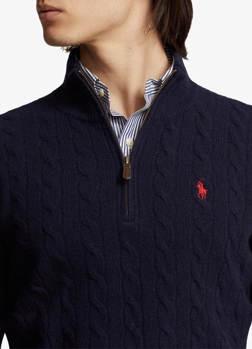 Ralph Lauren Kabelgebreide trui in kasjmierblend met halve rits - detail 3 donkerblauw