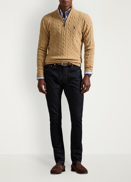 Ralph Lauren Kabelgebreide trui in kasjmierblend met halve rits - voorkant 2 camel