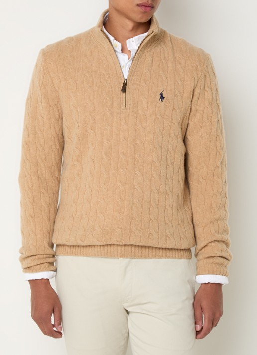 Ralph Lauren Kabelgebreide trui in kasjmierblend met halve rits - detail 6 camel