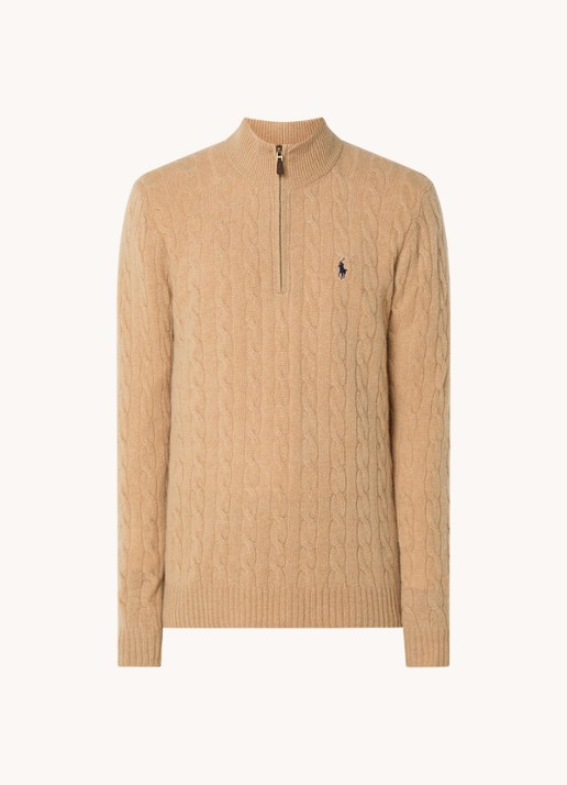 Ralph Lauren Kabelgebreide trui in kasjmierblend met halve rits - voorkant 3 camel