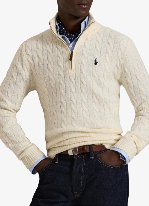 Ralph Lauren Kabelgebreide trui in kasjmierblend met halve rits - voorkant 5 andover cream / creme
