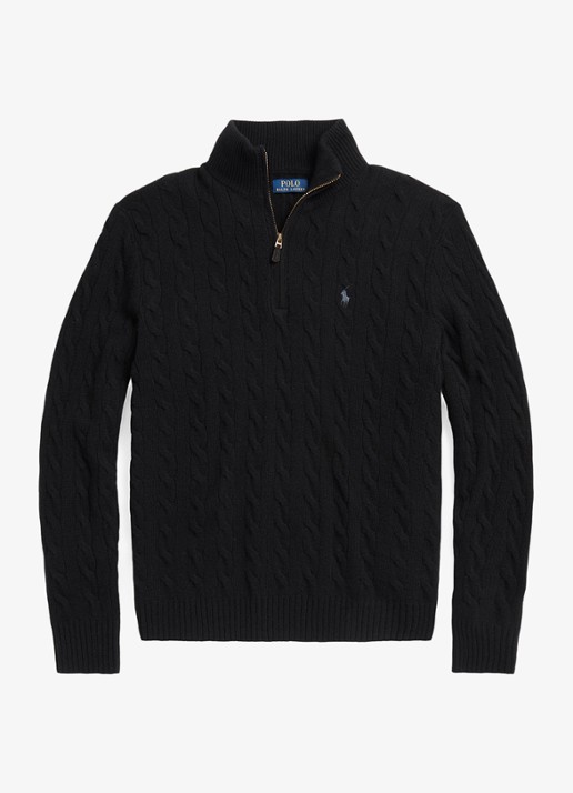 Ralph Lauren Kabelgebreide trui in kasjmierblend met halve rits - voorkant polo black / zwart