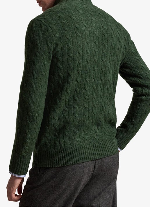 Ralph Lauren Kabelgebreide trui in kasjmierblend met halve rits - achterkant 5 lodgepole pine heather / donkergroen