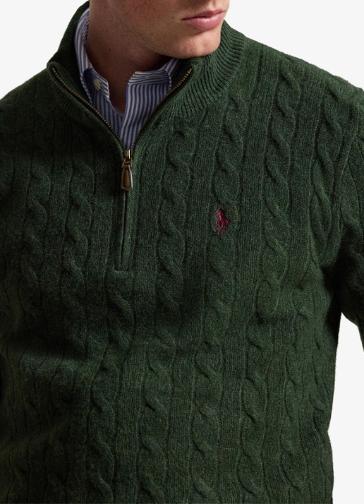 Ralph Lauren Kabelgebreide trui in kasjmierblend met halve rits - detail 4 lodgepole pine heather / donkergroen