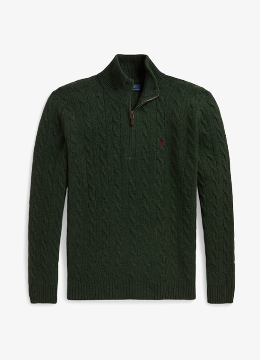 Ralph Lauren Kabelgebreide trui in kasjmierblend met halve rits - voorkant lodgepole pine heather / donkergroen