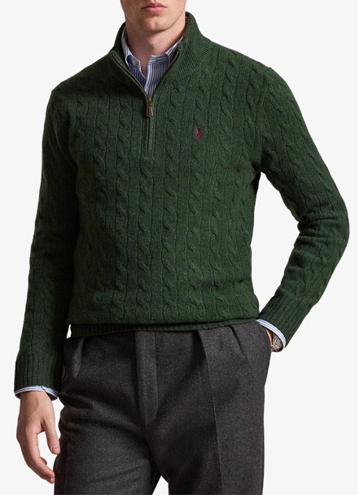 Ralph Lauren Kabelgebreide trui in kasjmierblend met halve rits - voorkant 2 lodgepole pine heather / donkergroen