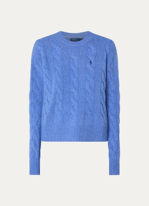 Ralph Lauren Kabelgebreide trui in kasjmierblend met logoborduring - voorkant blauw