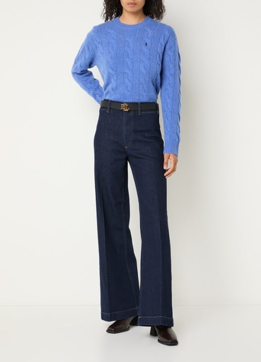 Ralph Lauren Kabelgebreide trui in kasjmierblend met logoborduring - voorkant 2 blauw