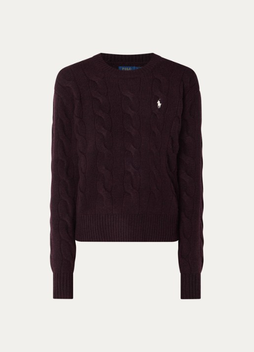 Ralph Lauren Kabelgebreide trui in kasjmierblend met logoborduring - voorkant aubergine