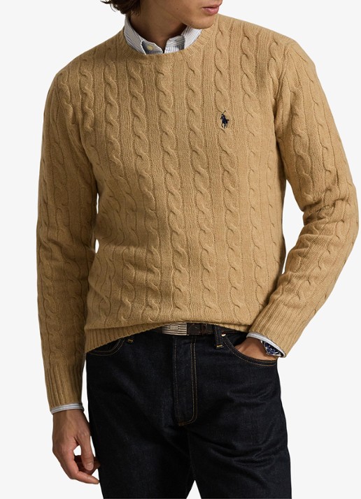 Ralph Lauren Kabelgebreide trui in kasjmierblend met logoborduring - detail camel melange / camel