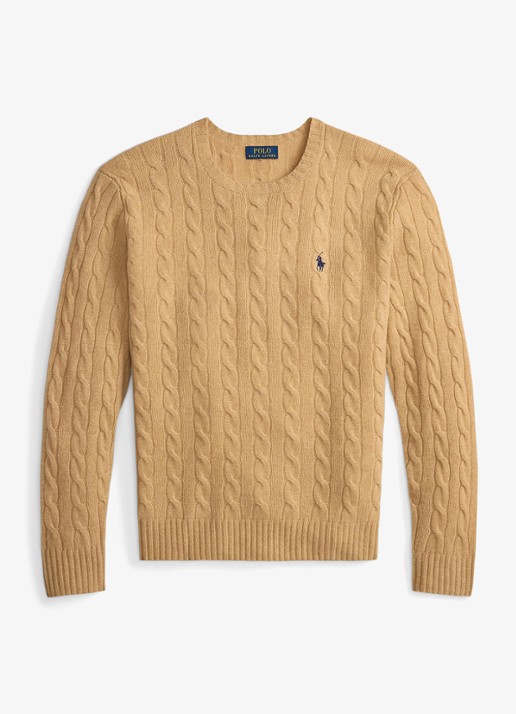 Ralph Lauren Kabelgebreide trui in kasjmierblend met logoborduring - voorkant 4 camel melange / camel