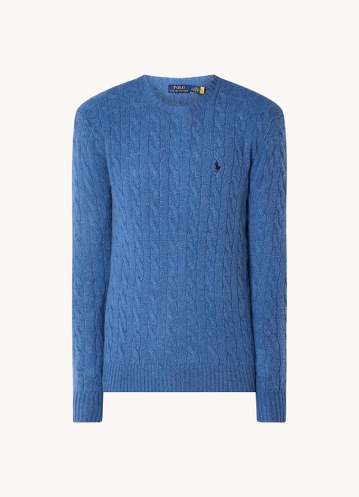 Ralph Lauren Kabelgebreide trui in kasjmierblend met logoborduring - voorkant 2 staalblauw