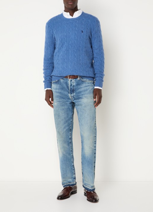 Ralph Lauren Kabelgebreide trui in kasjmierblend met logoborduring - voorkant 3 staalblauw