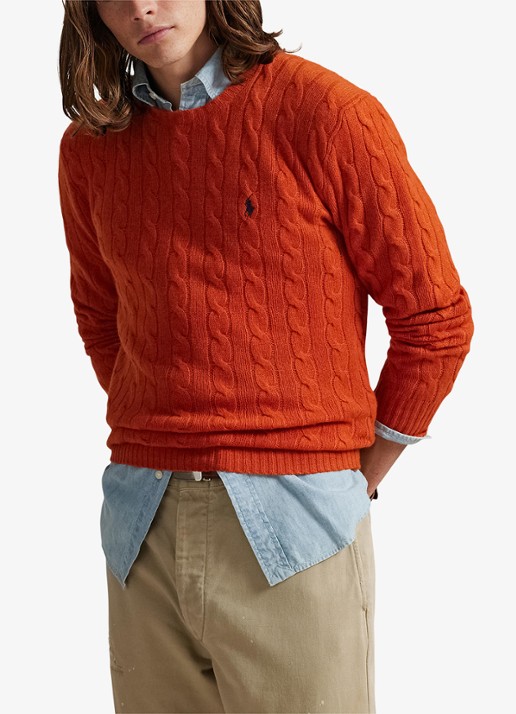 Ralph Lauren Kabelgebreide trui in kasjmierblend met logoborduring - detail 4 dark jaffa orange / oranje