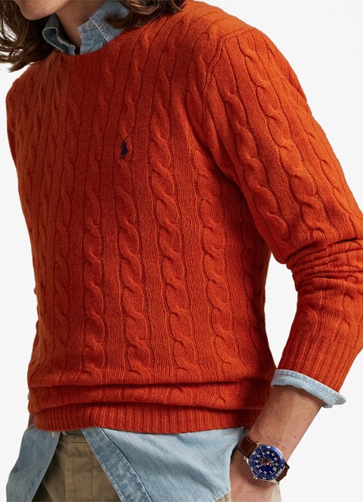 Ralph Lauren Kabelgebreide trui in kasjmierblend met logoborduring - detail 5 dark jaffa orange / oranje
