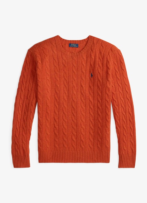 Ralph Lauren Kabelgebreide trui in kasjmierblend met logoborduring - voorkant 2 dark jaffa orange / oranje