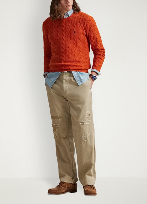 Ralph Lauren Kabelgebreide trui in kasjmierblend met logoborduring - voorkant 3 dark jaffa orange / oranje