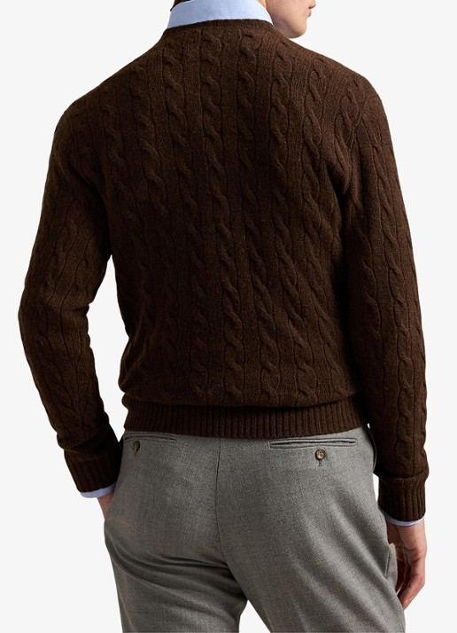 Ralph Lauren Kabelgebreide trui in kasjmierblend met logoborduring - achterkant 5 cacao brown heather / brown