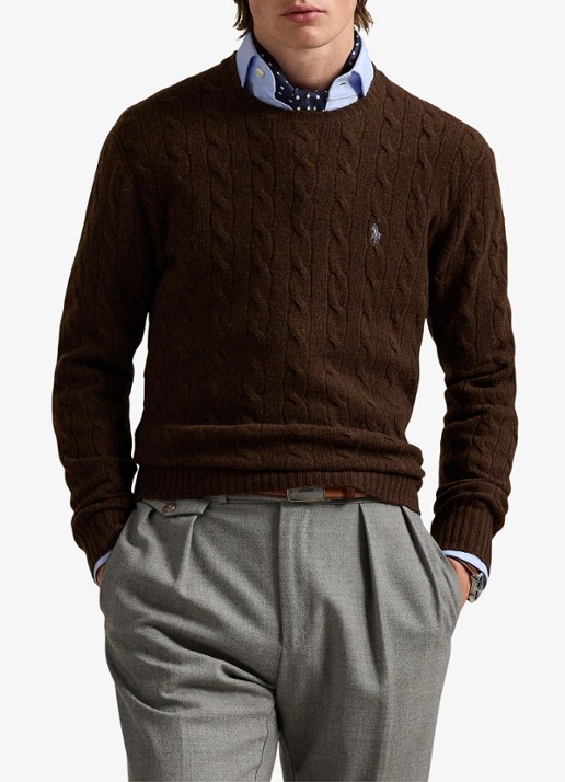 Ralph Lauren Kabelgebreide trui in kasjmierblend met logoborduring - detail cacao brown heather / brown