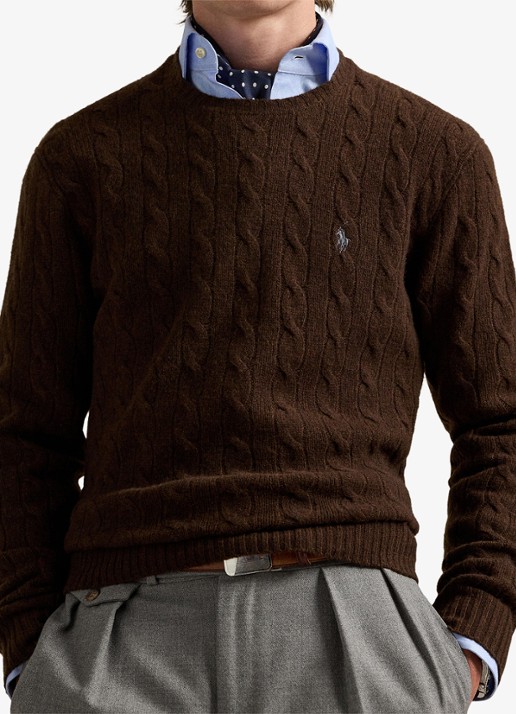 Ralph Lauren Kabelgebreide trui in kasjmierblend met logoborduring - detail 2 cacao brown heather / brown