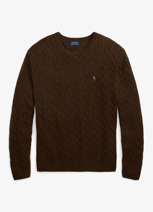 Ralph Lauren Kabelgebreide trui in kasjmierblend met logoborduring - voorkant 3 cacao brown heather / brown