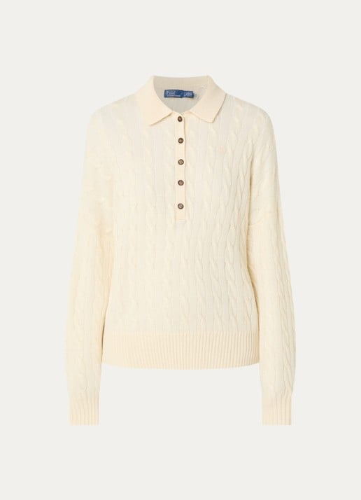 Ralph Lauren Kabelgebreide trui in kasjmierblend met polokraag en logoborduring - voorkant 2 gebroken wit