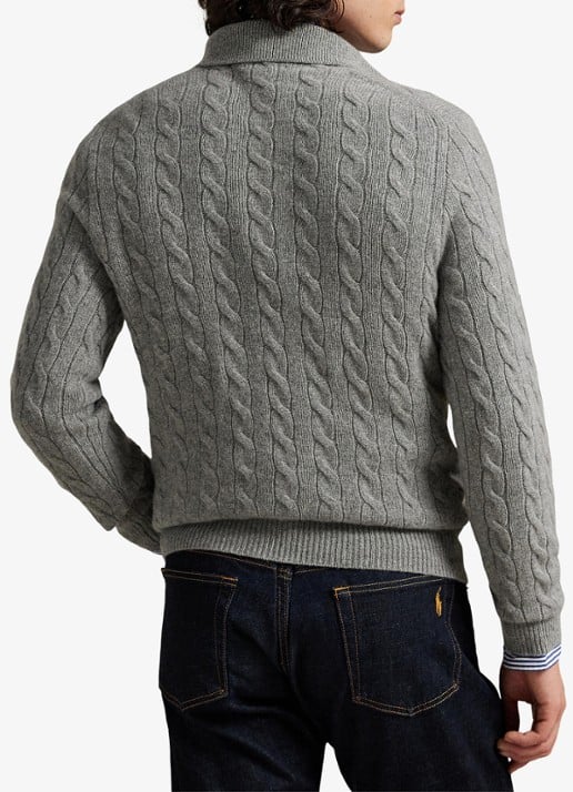 Ralph Lauren Kabelgebreide trui in kasjmierblend met polokraag - achterkant 3 fawn grey heather / grijs