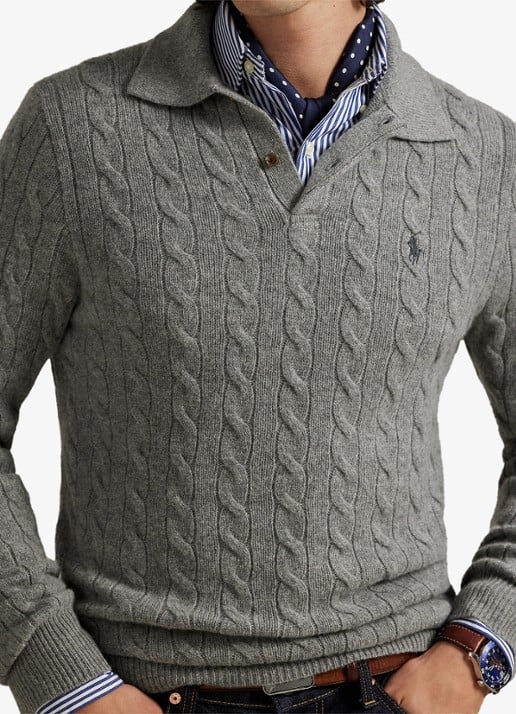Ralph Lauren Kabelgebreide trui in kasjmierblend met polokraag - detail 2 fawn grey heather / grijs