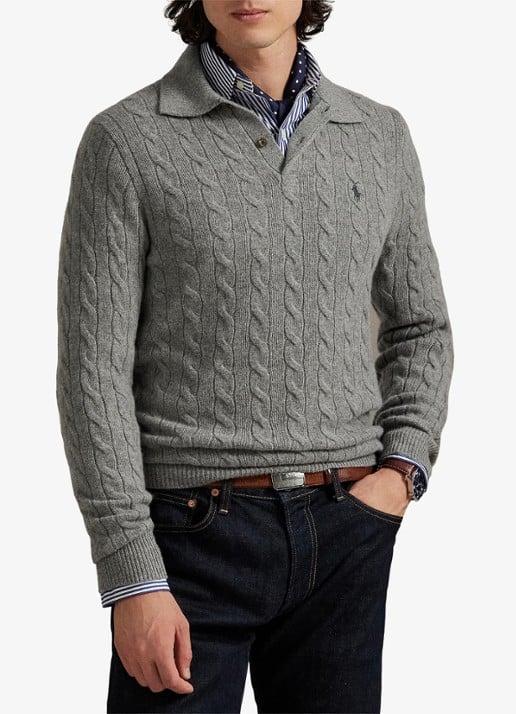 Ralph Lauren Kabelgebreide trui in kasjmierblend met polokraag - voorkant 5 fawn grey heather / grijs