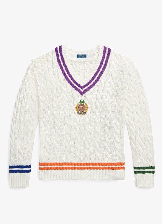 Ralph Lauren Kabelgebreide trui in linnenblend met logoborduring - voorkant 5 cream combo-3sat