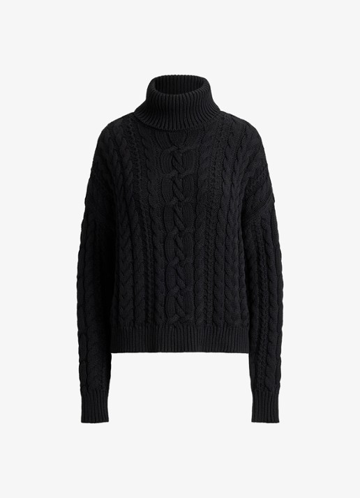 Ralph Lauren Kabelgebreide trui met col - voorkant 2 zwart