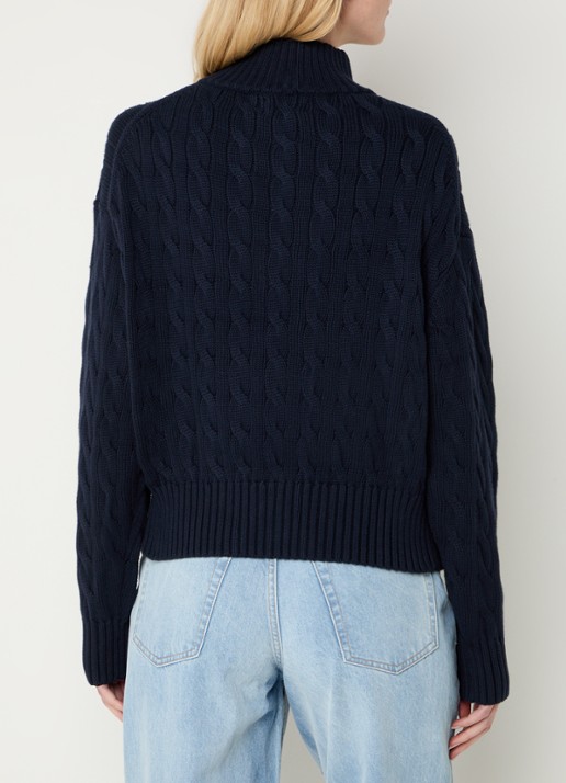 Ralph Lauren Kabelgebreide trui met halve rits en logo - achterkant donkerblauw