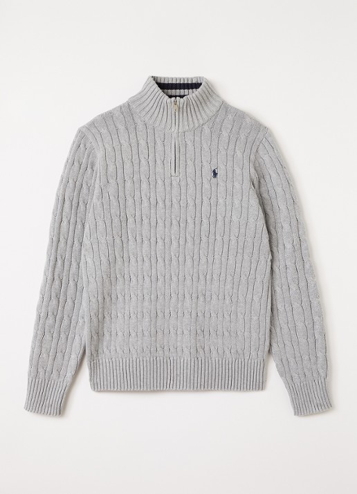 Ralph Lauren Kabelgebreide trui met halve rits - voorkant 2 antraciet