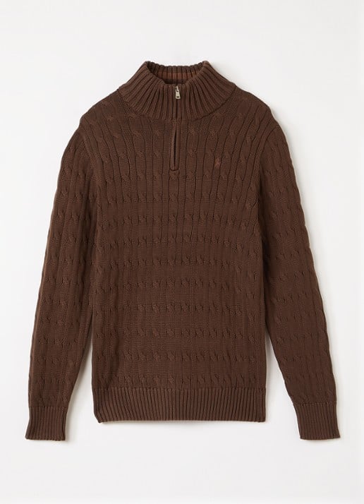 Ralph Lauren Kabelgebreide trui met halve rits - voorkant lichtbruin