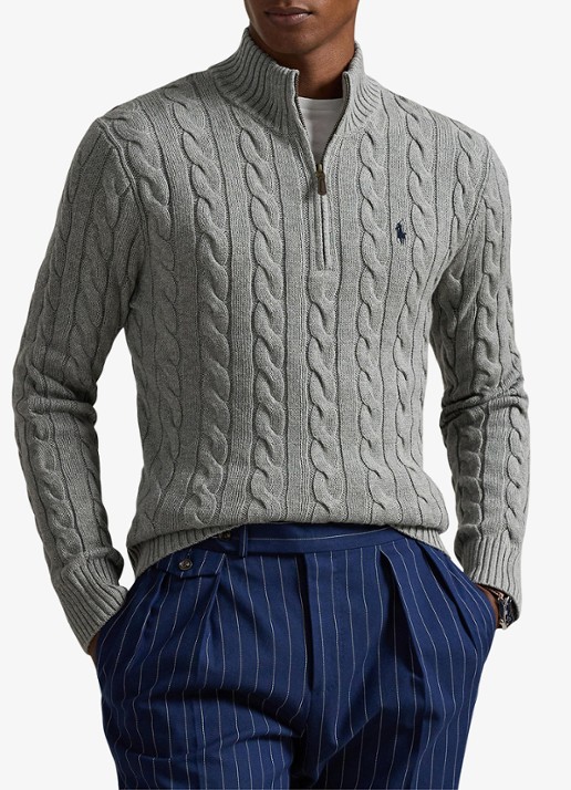 Ralph Lauren Kabelgebreide trui met halve rits - detail 3 fawn grey heather / grijs