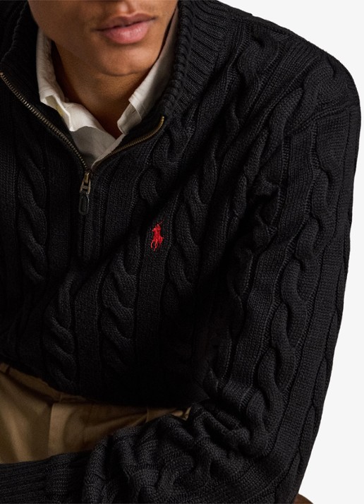 Ralph Lauren Kabelgebreide trui met halve rits - detail 2 polo black / zwart