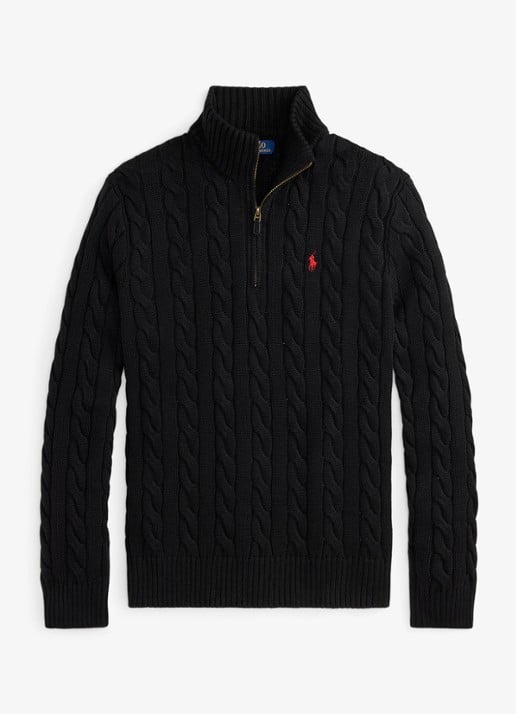 Ralph Lauren Kabelgebreide trui met halve rits - voorkant 3 polo black / zwart
