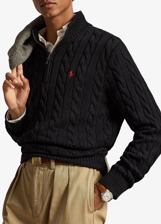 Ralph Lauren Kabelgebreide trui met halve rits - voorkant 4 polo black / zwart