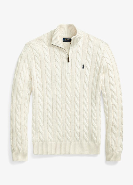 Ralph Lauren Kabelgebreide trui met halve rits - voorkant andover cream / creme