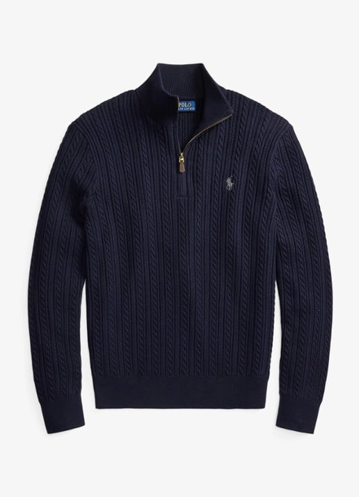 Ralph Lauren Kabelgebreide trui met halve rits - voorkant blauw