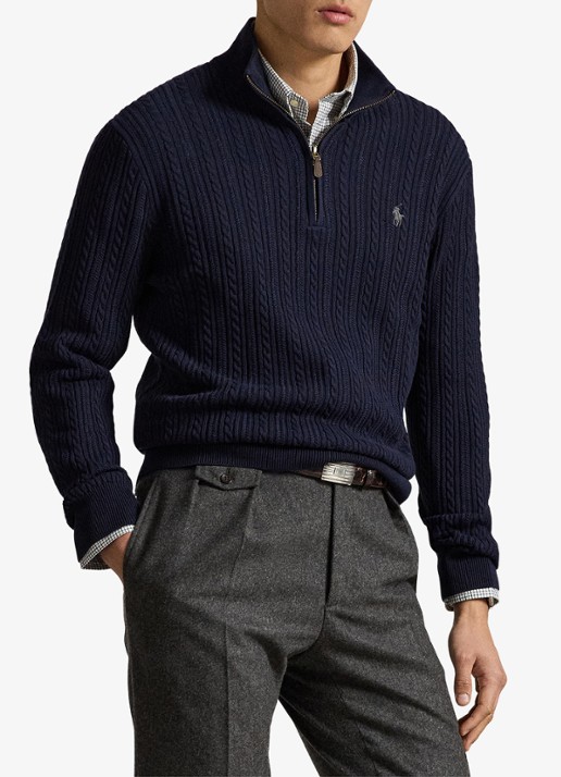 Ralph Lauren Kabelgebreide trui met halve rits - voorkant 2 blauw
