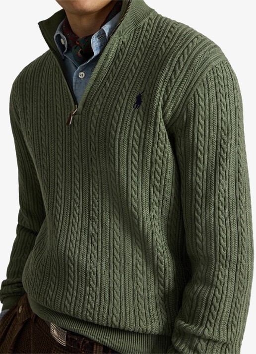 Ralph Lauren Kabelgebreide trui met halve rits - detail 2 cargo green / legergroen