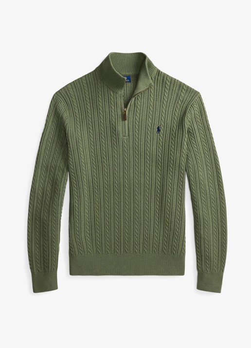 Ralph Lauren Kabelgebreide trui met halve rits - voorkant 4 cargo green / legergroen
