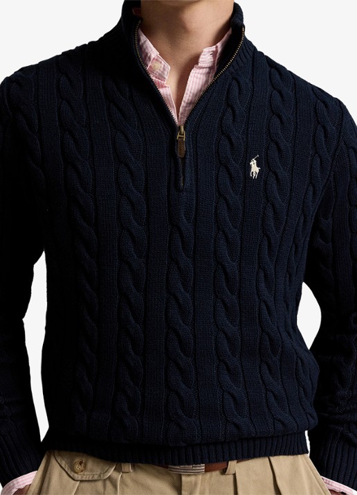 Ralph Lauren Kabelgebreide trui met halve rits - detail 5 hunter navy / donkerblauw