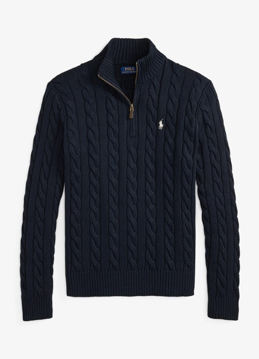 Ralph Lauren Kabelgebreide trui met halve rits - voorkant 2 hunter navy / donkerblauw