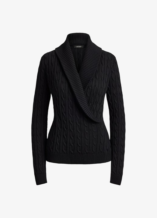 Ralph Lauren Kabelgebreide trui met kraag - voorkant zwart