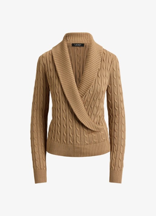 Ralph Lauren Kabelgebreide trui met kraag - voorkant 4 lauren camel / beige